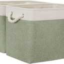 Temary Storage Baskets Fabric Storage Bins for Shelves, 2 Pack Decorative Storage Boxes Canvas Storage Basket with Handles for Organizing Clothes, Books(White&Green,16Lx12Wx12H Inches)