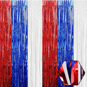 1 Pack White Blue Red Foil Fringe Curtain Backdrop, Metallic Tinsel Foil Fringe Streamer Curtains for Photo Booth, Christmas Day, Thanksgiving, Wedding, New Year Party Decorations