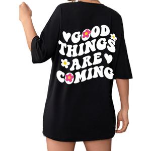 Women's Oversized Graphic Tees Short Sleeve Crew Neck Baggy Tops Novelty Tshirts XS