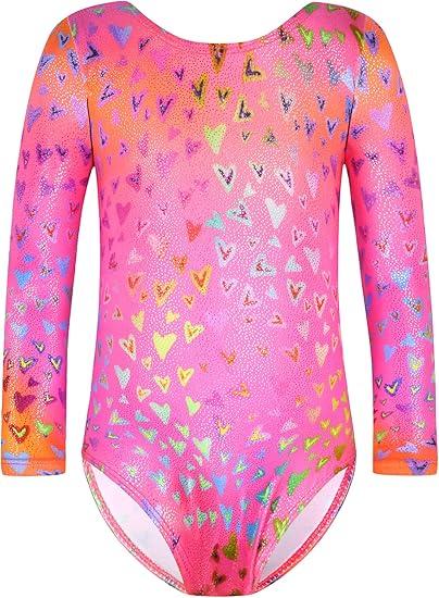 Snowheart Long Sleeve Leotards for Girls Size 8-9 Years Old Metallic Hotpink Hearts One Piece Long Sleeve Bodysuits