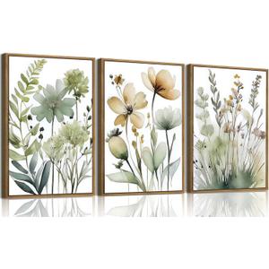 SongZest 3 Piece Green Botanical Framed Wall Art Boho Floral Canvas Art Prints Neutral Flower Pictures Wall Decor Minimalist Nature Paintings Artwork for Bedroom Bathroom Living Room 16x24in, 16x24 Natural