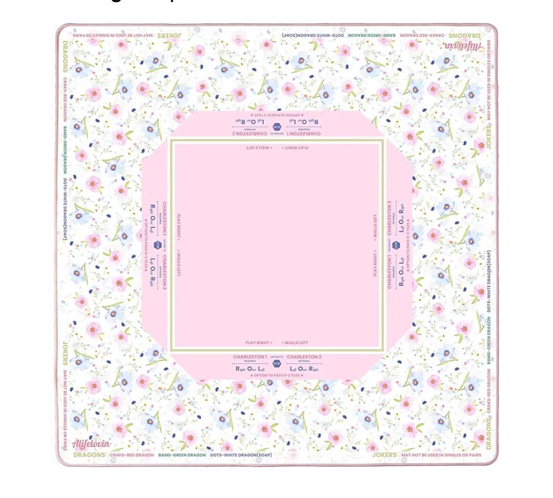 Mahjong Mat - American Mah jongg Mat for Table 32x32 Inch Non-Slip Noise Reduction Mahjong Mat with Rules, Portable Gaming Mat for Poker, Tiles & Dominoes (Pink Blooms) 