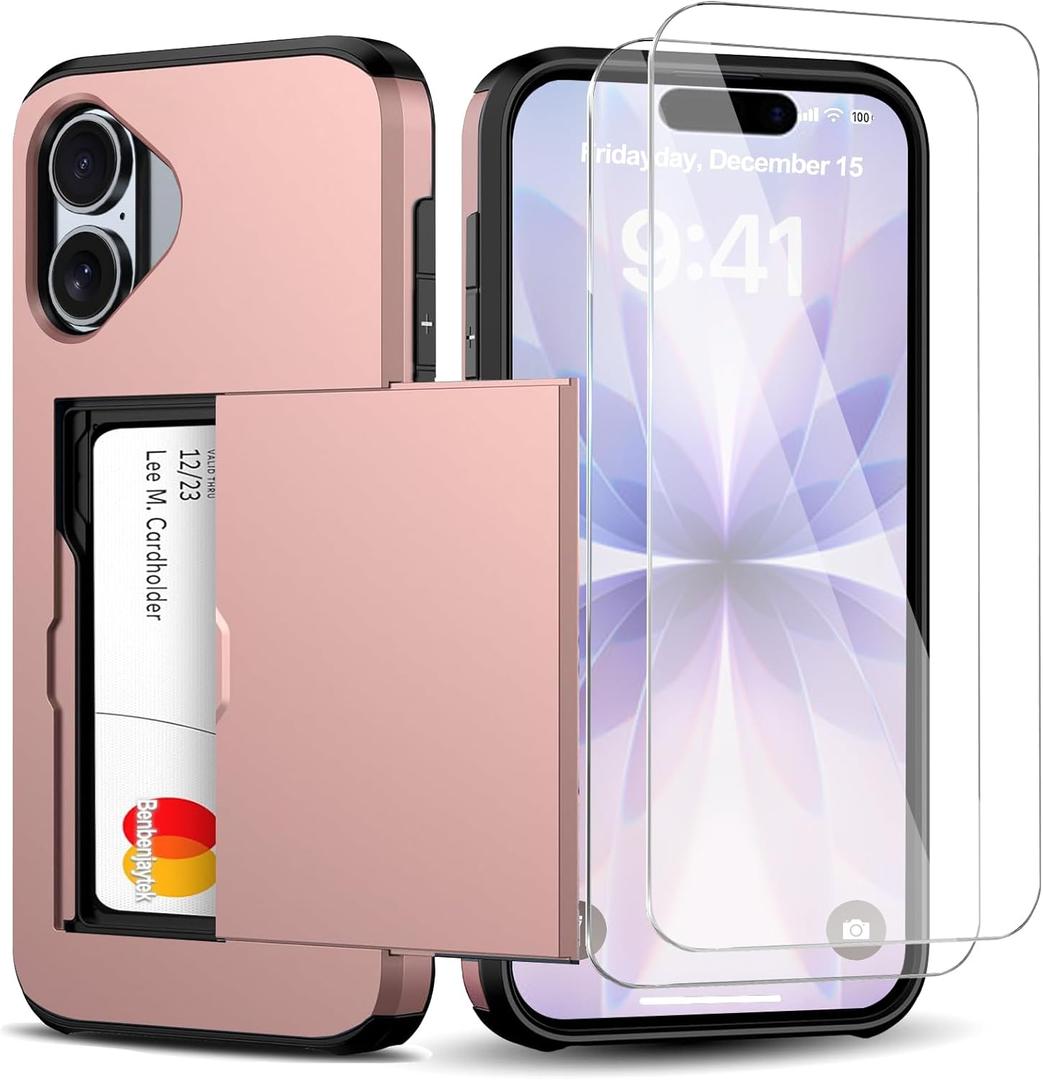 for iPhone 17 Wallet Case with Card Holder + 2 Tempered Glass Screen Protector Protective Shockproof Hidden Card Slot Slim Case Women Men for iPhone 17 6.3(Rose Gold)