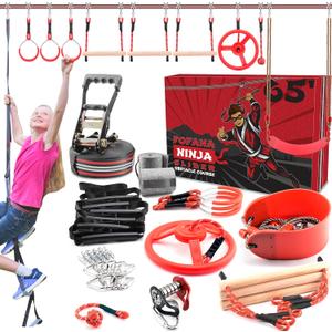 Fofana Ninja Warrior Obstacle Course for Kids - 11 Obstacles, 65 Ft Slackline, Climbing Ladder, Spinning Wheel, Gym Rings, Monkey Bars, Pulley & Swing Sets for Backyard - Outdoor Zip Line for Kids