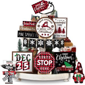 Dandat 15 Pcs Christmas Tiered Tray Decor Red and Black Buffalo Plaid Christmas Decor Merry Snowflake Gnome Truck Wooden Signs Farmhouse for Xmas Winter Home Table Shelf