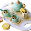 Wooden Tea Party Set for Little Girls Toys, Pretend Play Kids Tea Set for Toddlers Wood Toys, Wooden Play Food Kitchen Accessories Sets for Kid