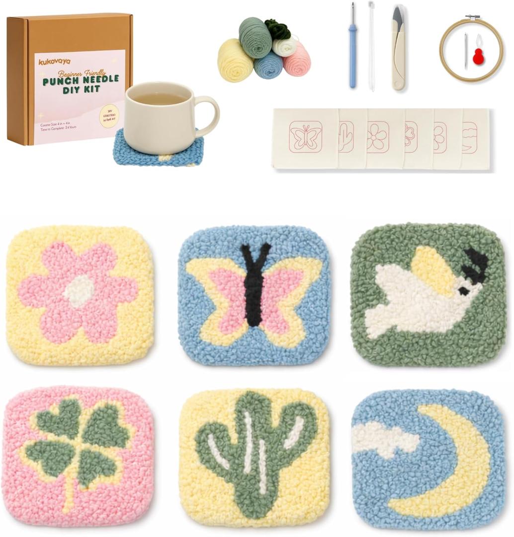 Kukovaya Punch Needle Kit for Beginners & Adults – Complete DIY Embroidery 6Coaster Kit with Printed Fabric, Yarn, Needle, Hoop & Guide – Easy Craft Kit for Home Décor, Gifts & Stress Relief