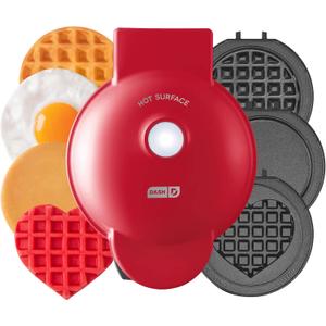 DASH Multimaker Mini System - Waffle Maker with Five 4” Removable Plates: Waffle Iron & Griddle, 3-in-1 Mini Waffle Maker for Kids and Families – Nonstick Surface, Just Add Batter (Red)