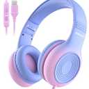 KONNAO Upgrade USB Type C Kids Headphones, Wired Headphones for Kids with Microphone for Boys Girls, Adjustable 85dB/94dB Volume Limited(Light Purple & Pink)