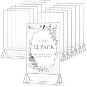 EHWINE 12 Pack Acrylic Sign Holder 4 x 6, Double Sided Silver Picture Frame Stand up Table Top Sign Holders, Clear Display Stand Menu Flyer Holder for Wedding Party(Provide Non-slip Mats)