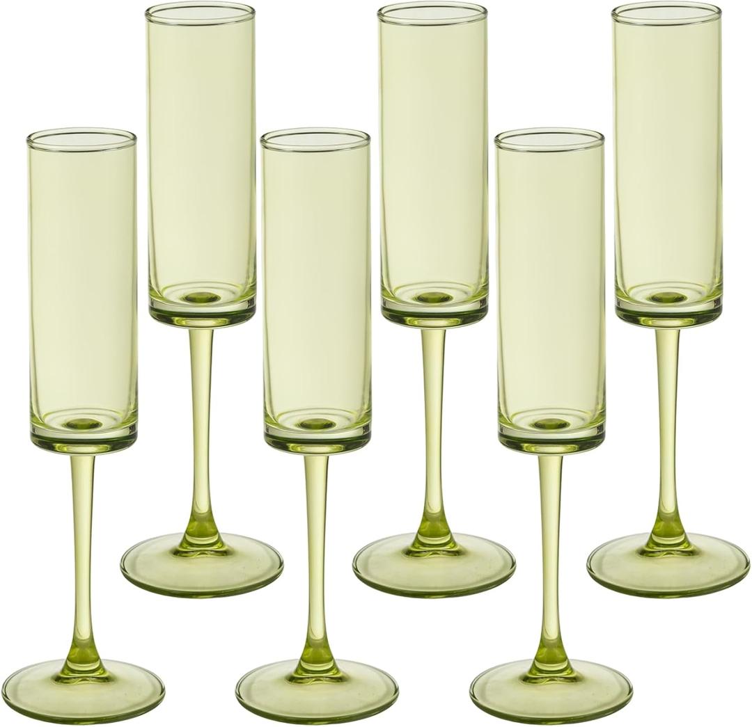 6 Pieces Green Champagne Flutes 6 OZ Straight Sided Wine Glasses Champagne Long Stem Drinking Colored Glasses,Set of 6 Hand Blown Champagne Flutes Goblets for Wedding Cocktail Cups,Cava, Prosecco
