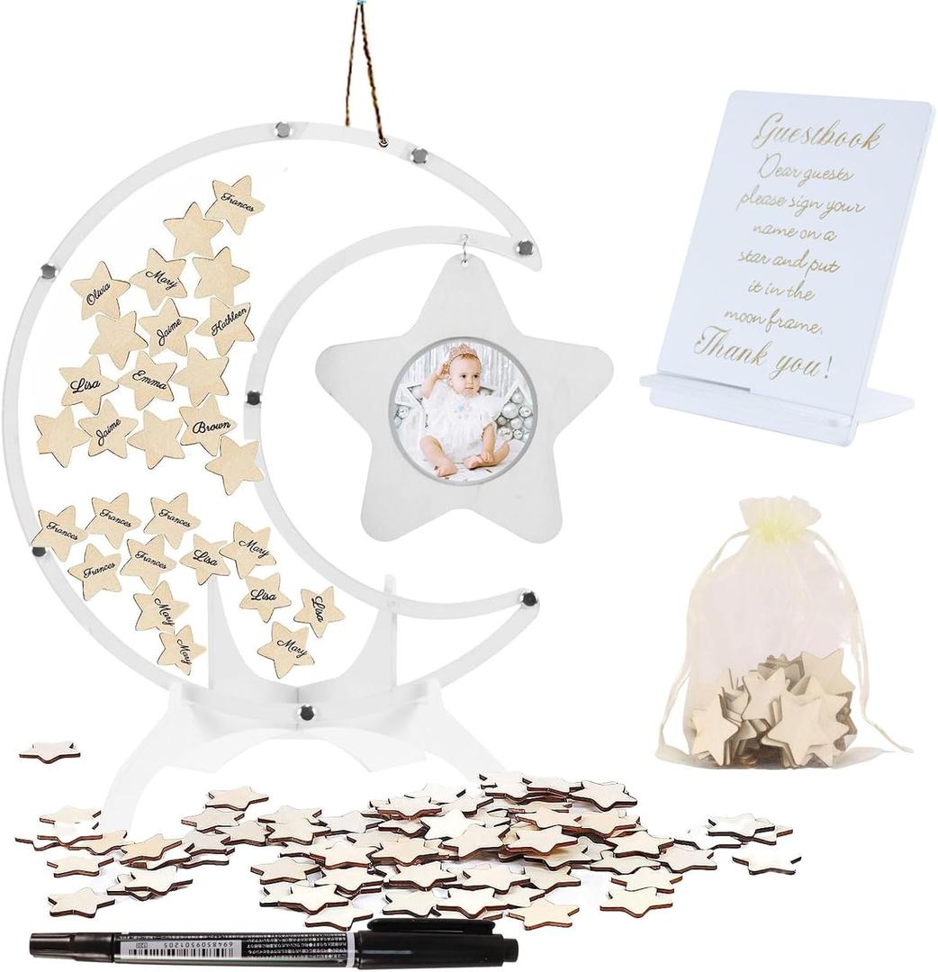 Baby Shower Guest Book, Moon and Stars Baby Shower Book, Rustic Wooden Guest Book Baby Shower with Photo Frame, Baby Shower Guest Book Alternatives for Birthday Party Wedding Supplies (White)