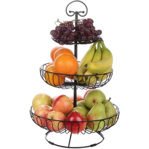 Lily's Home Wire Fruit and Vegetable Holder, 3-Tiered Fruit Basket, Kitchen Accessories - Black
