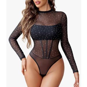 Avidlove Women Mesh Bodysuit Lingerie Mock Neck Long Sleeve Sheer Rhinestone Going Out Top, S
