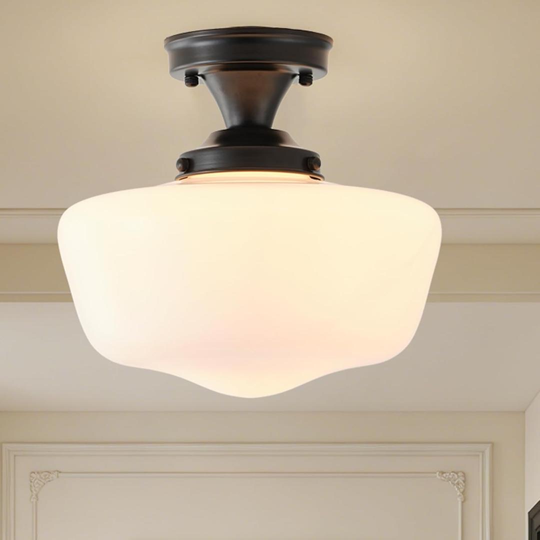 12'' Schoolhouse Ceiling Light Fixture, Black Semi Flush Mount Ceiling Light, Vintage Wide Opal Milk Glass Shade for Bedroom Kitchen Hallway Entryway