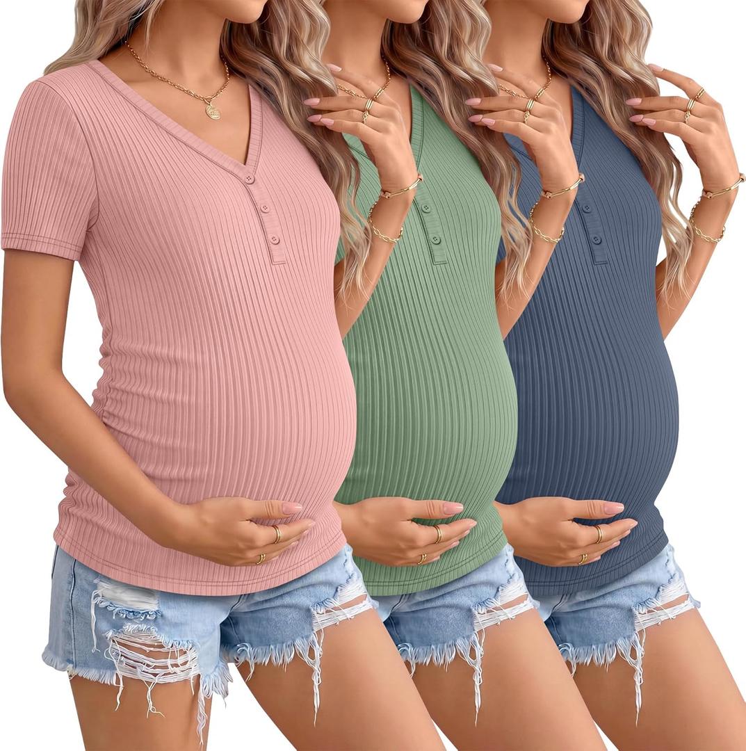 3 Pack Womens Maternity Shirts Short Sleeve Cotton Ribbed V Neck Pregnancy Clothes Casual Henley Side Ruched Tees (Small, Haze Blue, Light Pink, Gray Green)