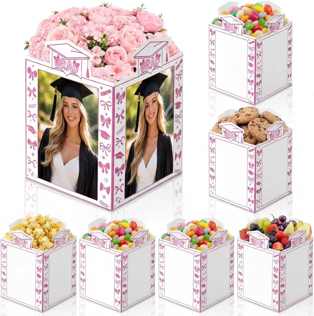 Qunclay 8 Pcs Graduation Box Centerpieces for Table 7-inch Table Decor Boxes Class of 2026 Congrats Grad Party Favors with Messages for High School College Celebration Decoration (Coquette Bow)
