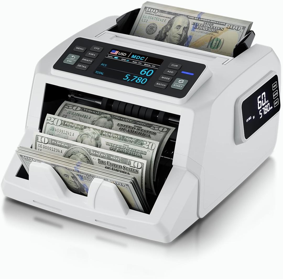 N71 Money Counter Machine Mixed Denomination, Dual-Display Mixed Denomination Value Counting Machine with UV/MG/IR/DD Counterfeit Detection, USD, EUR, MXN, GBP and CAD Business Money Counter (White)