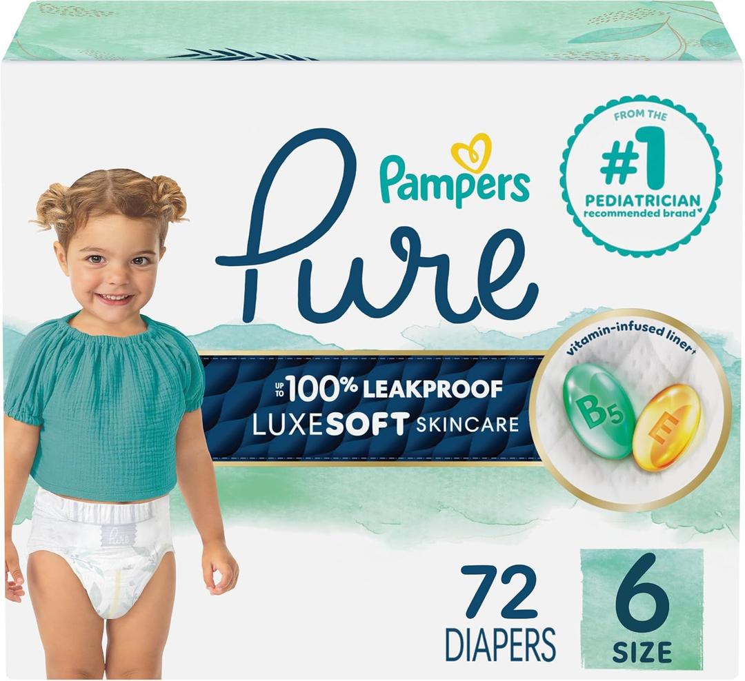 Pampers Pure Protection Baby Diapers, Size 6 (35+ lbs), 72 Count, Up to 100% Leakproof, Premium Plant-Based Skin Protection, Hypoallergenic Soft Diapers