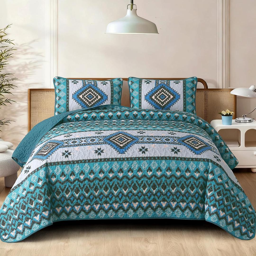 Dintszyayue Boho Quilt Set King Size, Aztec Western Teal Quilt Bedspread Set, 3 Pieces Bohemian Southwestern Stripe Bedding Set Soft Lightweight Coverlet Set for All Season