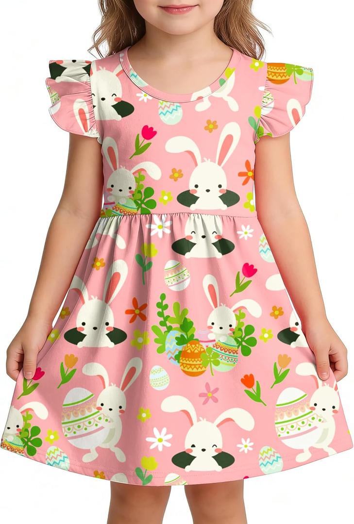 PICKID Easter Toddler Girls Dress Bunny Eggs Graphic Dresses Easter Day Outfit for Kids 3-6 Years (Size 130,Pink)