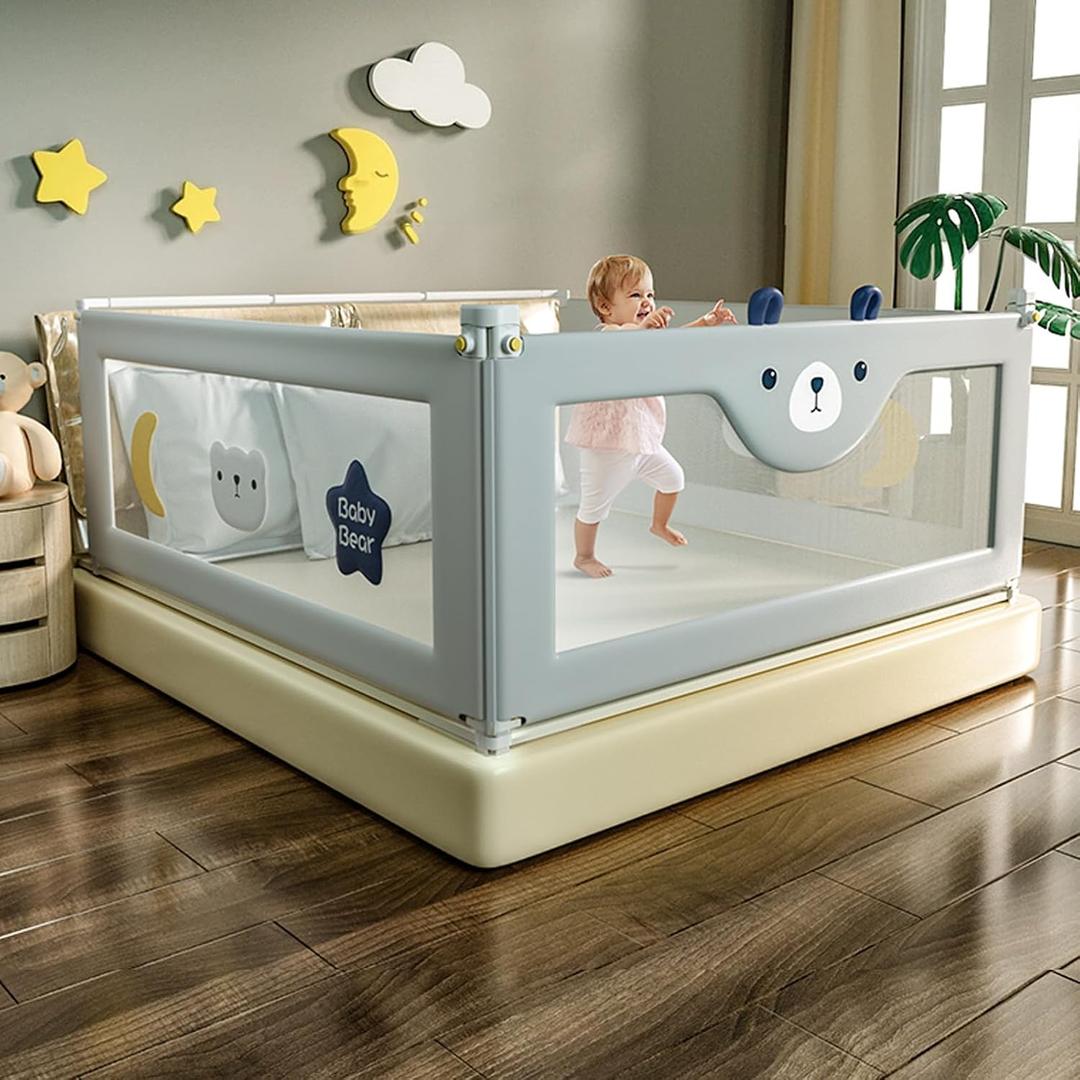 3-Piece Bed Rail for Toddlers, Foldable Baby Bed Rail Guard, Adjustable, Safety, Convenient Bed Rails, Guard Rails for Twin, Full, Queen& King Size (Grey Cartoon, 74.8x78.74x78.74 Inch)