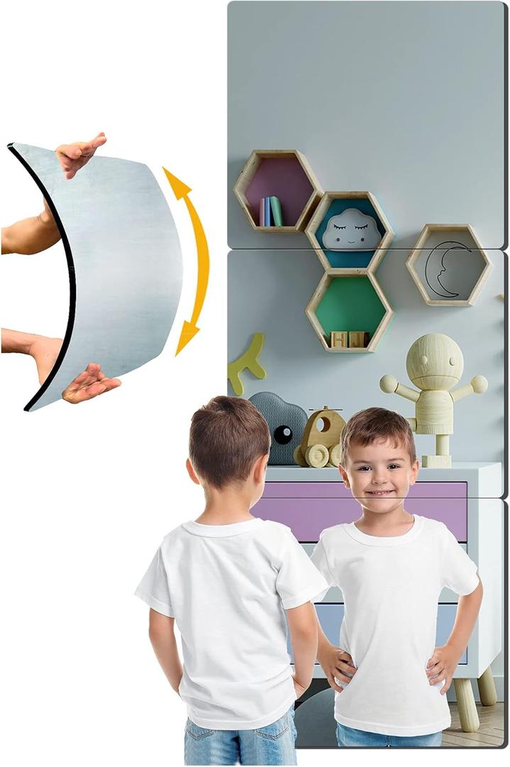 Unbreakable Acrylic Full Length Mirror for Wall Mounted, Full Body Mirror for Kids, Plastic Safe Shatterproof, Extra Thick 1/8", 12" x 12" x 4 PCS, Workout Mirrors for Home Gym, Bedroom Over The Door