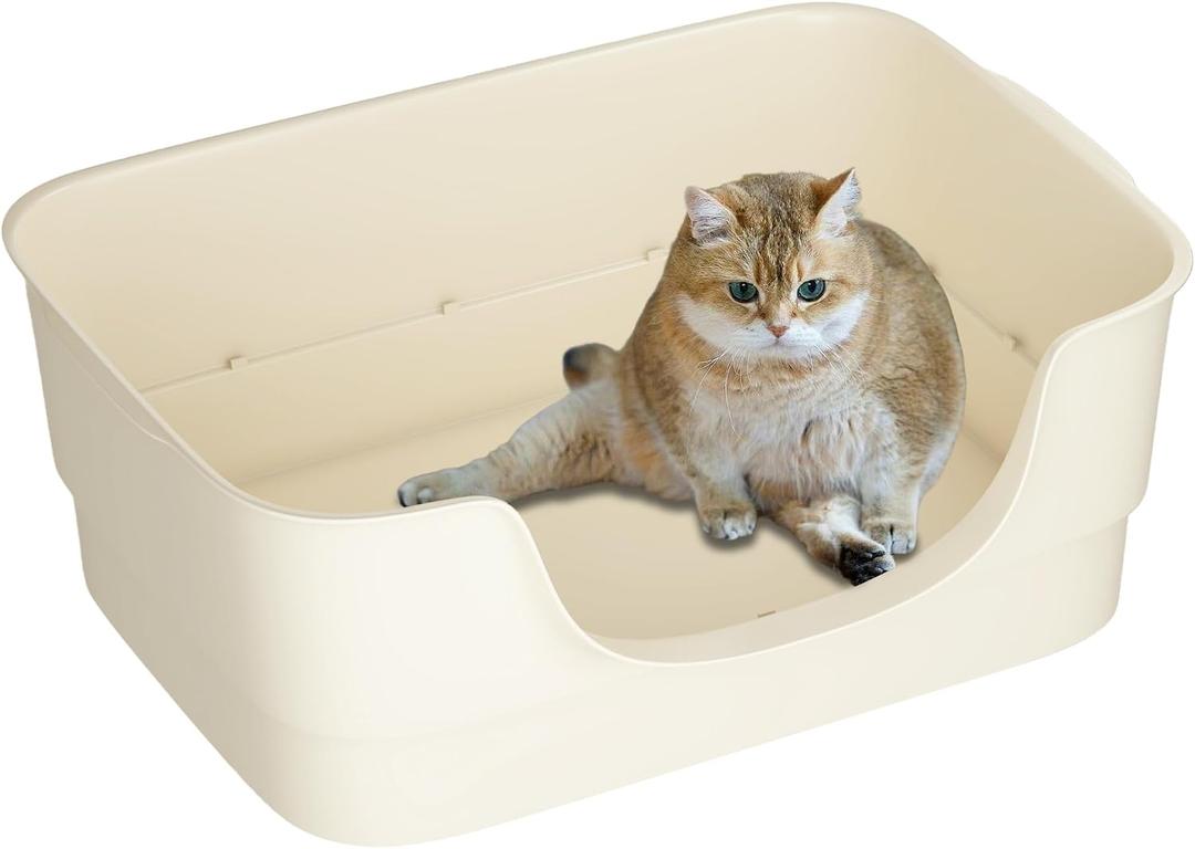 Extra Large Cat Litter Box for Big Cats - High Sides & Low Enter Design, 23.43x16.73x8.46 Inches Spacious Anti-Spill Pet ToiletBeige