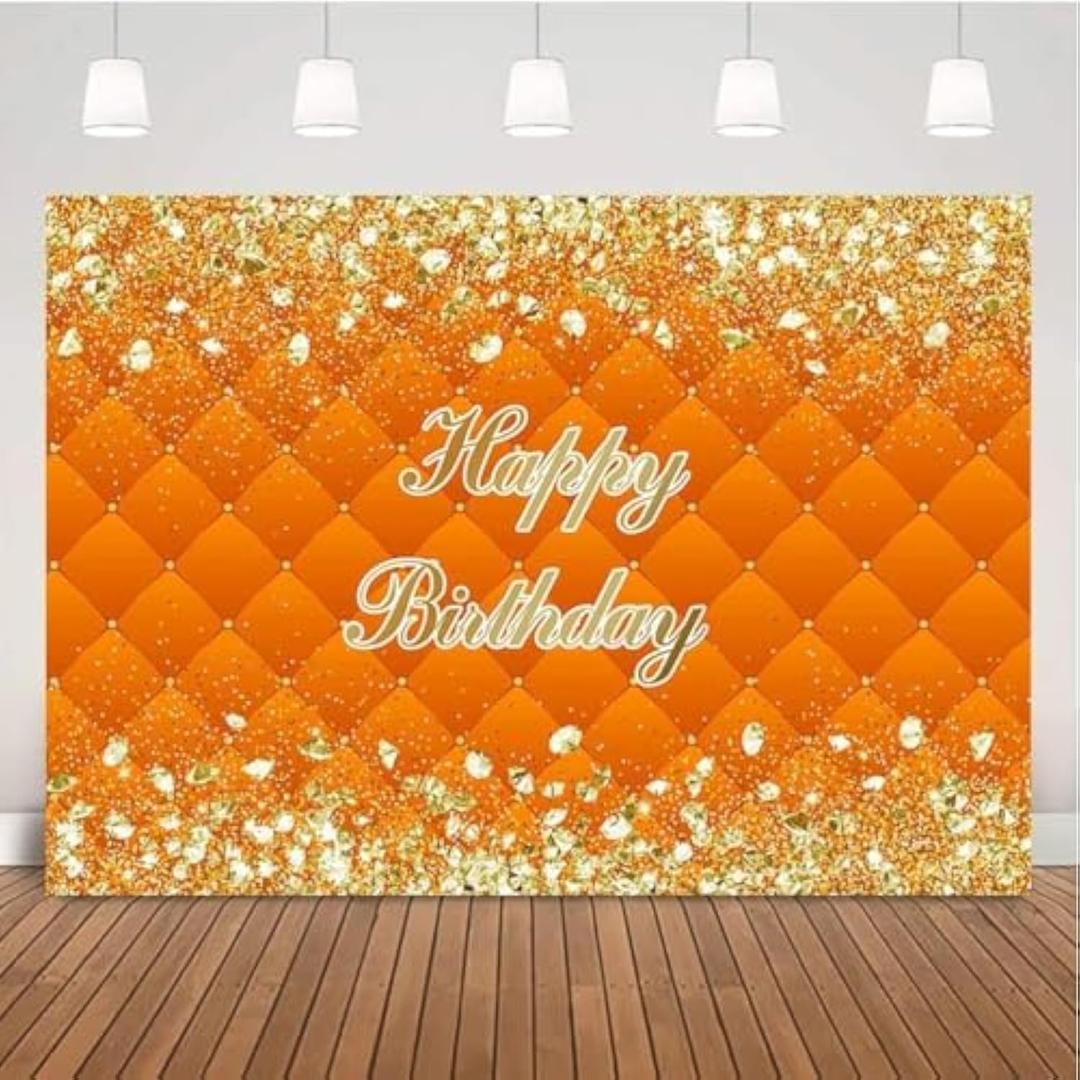 5x3ft Happy Birthday Theme Background Adult Gold Glitter and Sliver Diamonds Backdrop Women Orange Headboard Party Decorations Props