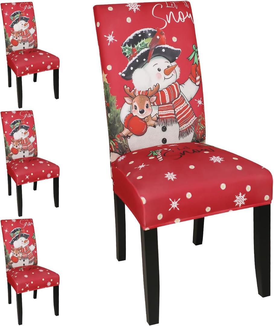 Christmas Dining Room Chair Covers Set of 4, Stretch Pattern Parsons Chair Slipcovers Spandex Removable Washable Kitchen Chair Protector Cover for Dining Room, Hotel, Ceremony (Xmas 02)