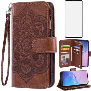 Asuwish Phone Case for Samsung Galaxy S10 Wallet Cover with Tempered Glass Screen Protector and Flower Leather Flip Credit Card Holder Stand TPU Cell Accessories S 10 Edge 10S GS10 X10 Women Men Brown