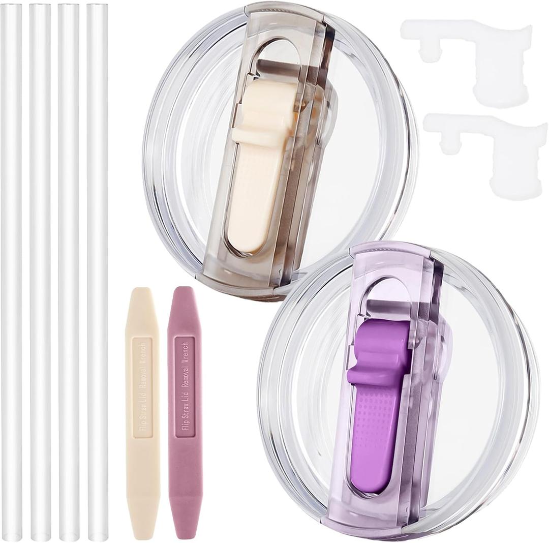 2 Pack Leak Proof Lid for 40oz Stanley H2.0 Quencher, No Spill Lids Replacement 40 oz for Stanley ProTour, with Removable Nozzle (Cream+light purple)