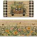 Tayney Summer Sunflower Truck Kitchen Rugs and Mats Non Skid Washable Set of 2, Black and White Buffalo Plaid Mats for Floor, Brown Wooden Runner Rug Farmhouse Rustic Kitchen Decor