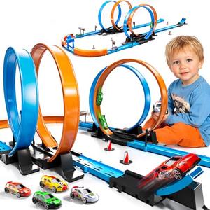 LILYBUDS Toy Car Track Gift Set for Boys Kids Age 3-5 4-7 8-12, Long Race Tracks with 4 Action Loops and 4 High-Speed Slot Die-Cast Race Cars, 35+ Pieces Race Tracks to Create Multiple Configurations