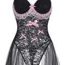 MakeMeChic Women's One Piece Lingerie Floral Lace Mesh Sheer Bow Front Sleeveless Teddy Bodysuit (Large, Black)
