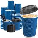 SIUQ 90 Pack 12 oz Disposable Coffee Cups with Lids and Straws, Insulated Ripple Wall To Go Paper Coffee Cups for Coffee, Hot Chocolate and Hot Tea Drinks - Navy