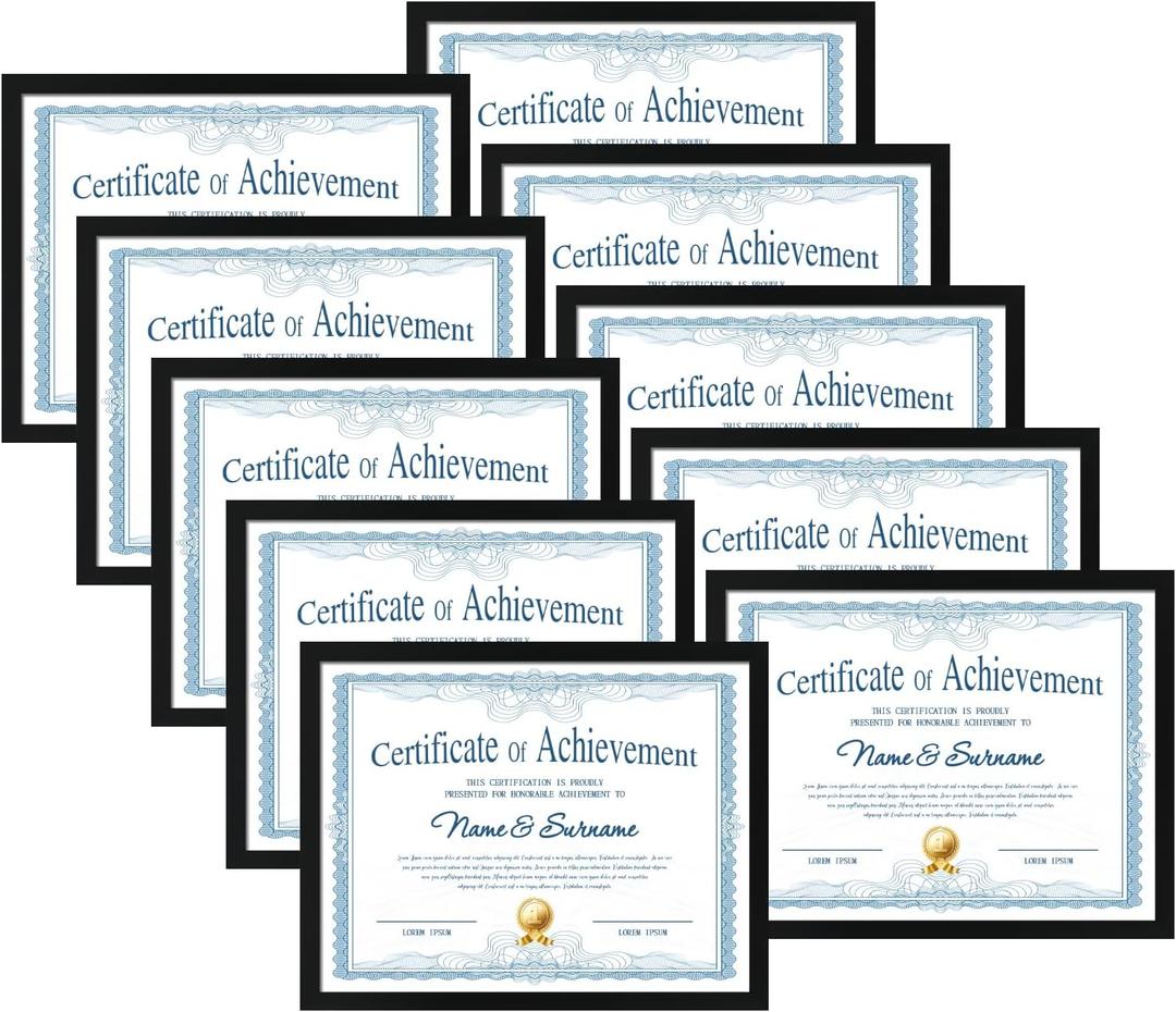 CRUGLA 8.5x11 Picture Frame Set of 10, Photo Frames 8.5 by 11 for Certificate Diploma Document Degree, for Wall or Tabletop Display, Black
