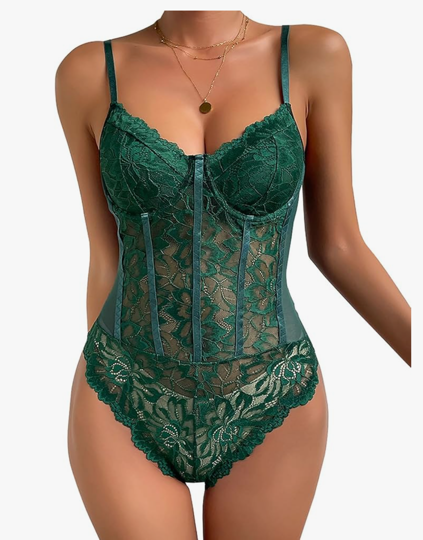 Lilosy Sexy Mesh Sheer Floral Lace Corset Lingerie Bodysuit Bustier Cami Top, Large