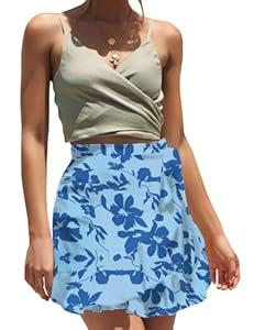 Women's Floral Ruffle Hem Wrap Shorts Casual Summer Elastic Waist Tie Front Zip Up Boho Skirts Skorts 2025 (Medium, Blue)