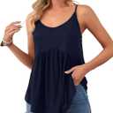 Vrtige Women's Spaghetti Strap Crewneck Pleated Ruffle Hem Sleeveless Cami Tank Peplum Top Navy Blue, Large