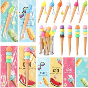 Gueevin 30 Sets Ice Cream Party Favors Ice Cream Cone Pen Novelty Cute Pens with Greeting Card Gift Bags for School End of Term Graduation Summer Beach Party Favors Office Supplies (Classical)