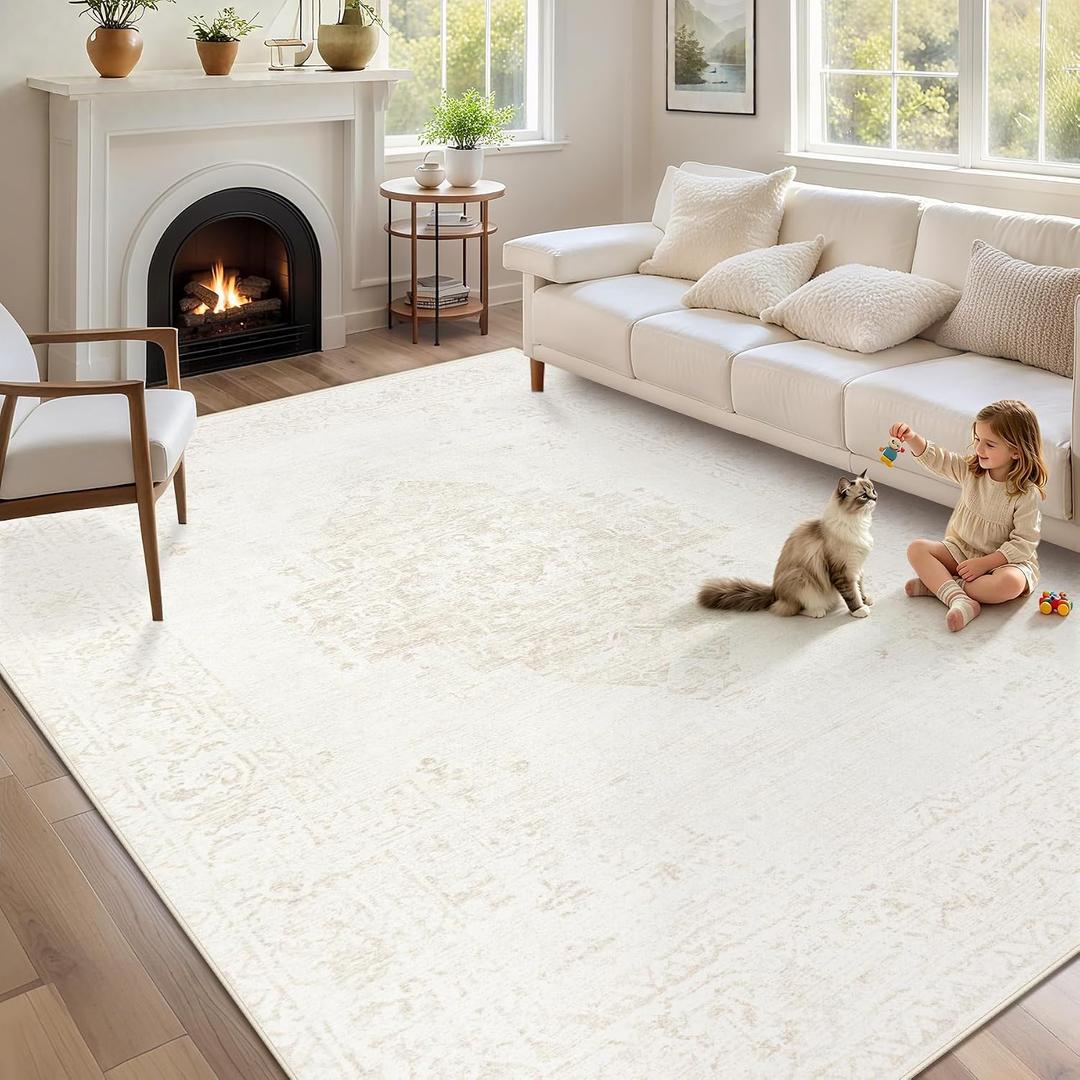 Washable Rugs 5x7 Living Room Rug: Vintage Neutral Area Rugs Soft Non-Slip Indoor Low Pile Carpet for Bedroom Dining Room Nursery Office (Beige, 5' x 7')