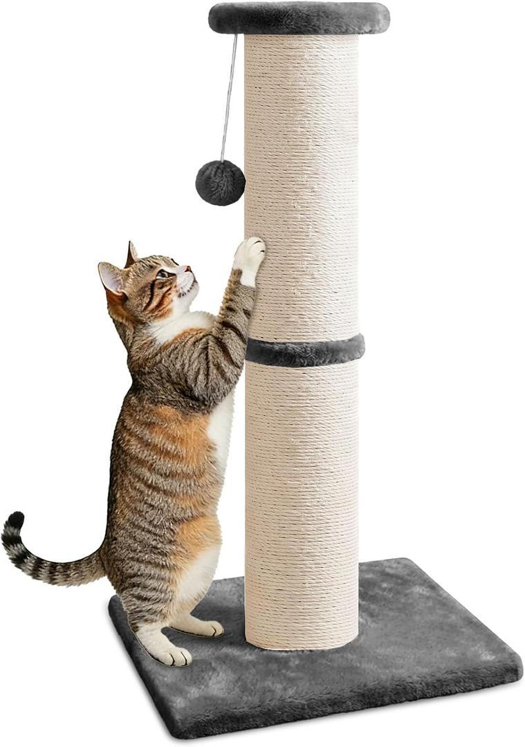 PAWSCRAT Cat Scratching Post 32" Tall, 5-Inch Diameter Natural Sisal Cat Scratch Post with Dangling Ball, Scratch-Resistant and Durable Tall Cat Scratcher for Indoor Cats, Protect Your Furniture, Grey