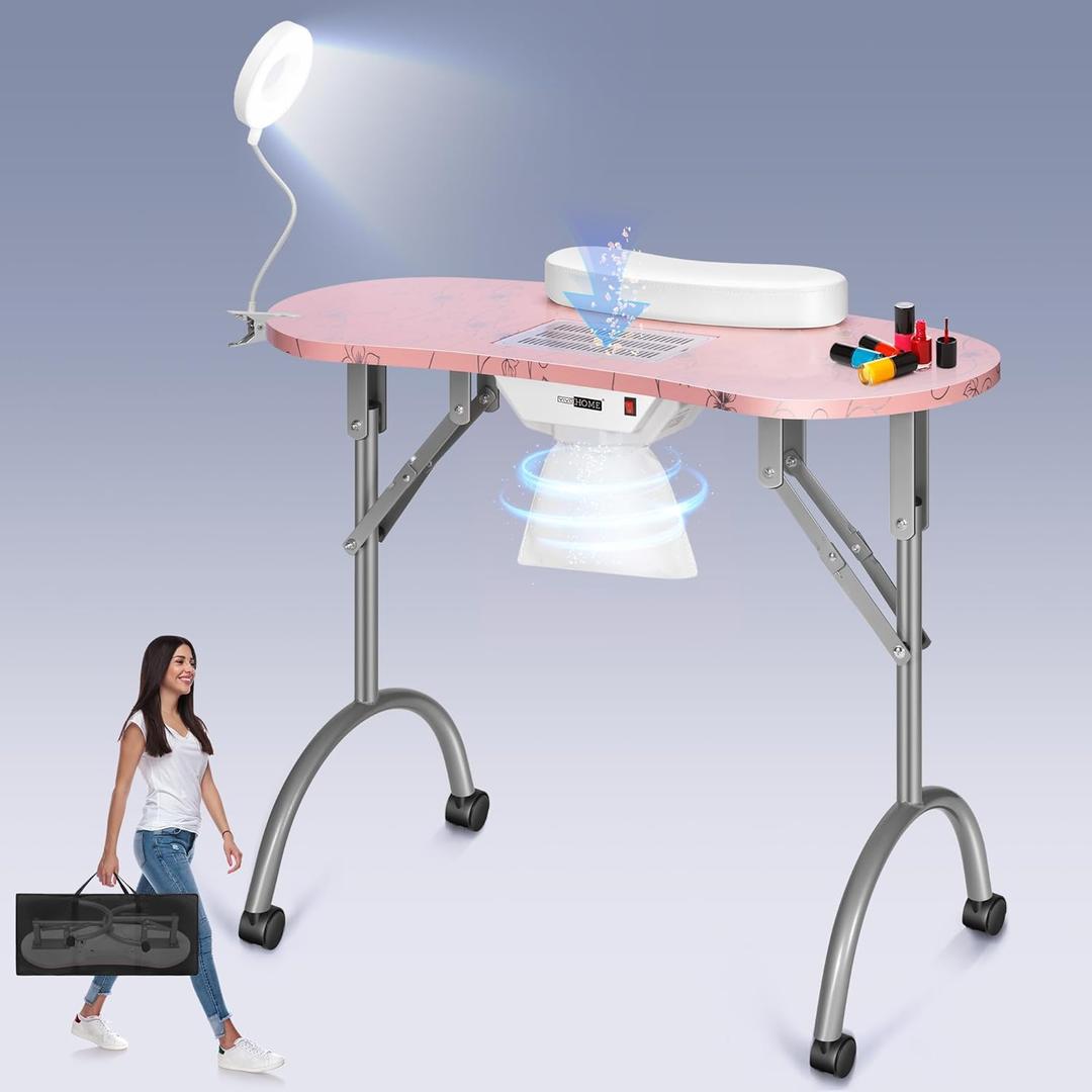 VIVOHOME Portable Manicure Nail Table on Wheels with Built-in Dust Collector, Updated USB-Plug LED Table Lamp, Carry Bag for Home Spa Beauty Salon Workstation, Pink (Pink)