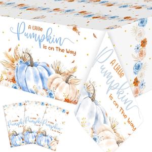 Ganeen 3 Pcs Blue Little Pumpkin Tablecloths, Fall Baby Shower Decoration, 53.94 x 107.87 inches
