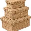 Scalloped Basket Set of 3  Woven Seagrass Storage Baskets with Lids  Decorative Natural Bins Baskets for Organizing, Boho Home, Shelves, Bathroom Decor