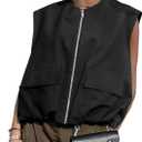 Womens Casual Zip Up Cargo Vest Top Oversized Lightweight Ruched Hem Sleeveless Blazer Jackets Vest Tops (Black, M)