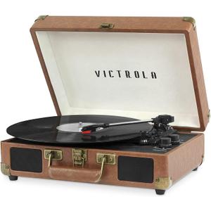 Victrola Journey Bluetooth Portable Suitcase Record Player  with Built-in Speakers, 3 Speed Vinyl Record Player, RCA Out, Headphone Jack (Brown)