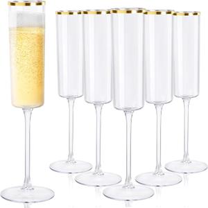 Ciaell 24 Pack Plastic Champagne Flutes - 6Oz Gold Rim Disposable Champagne Glasses - Square Clear Plastic Toasting Glasses for Party Birthday Anniversary Wedding Christmas