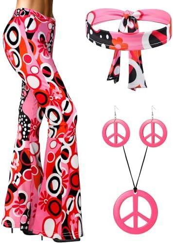 SATINIOR 60s 70s Women Hippie Costume Outfits Disco Retro Flared Pants for Carnival Party Halloween Size M